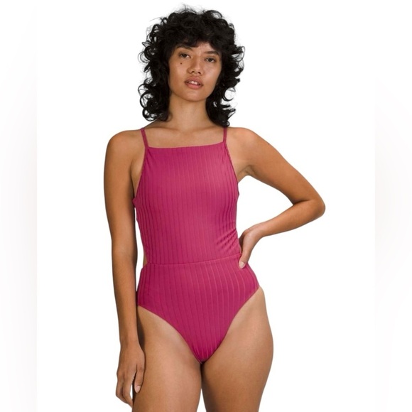 lululemon athletica Other - Lululemon Ribbed High Neck Cross Back One Piece Swimsuit Pink Medium Skimpy Cut